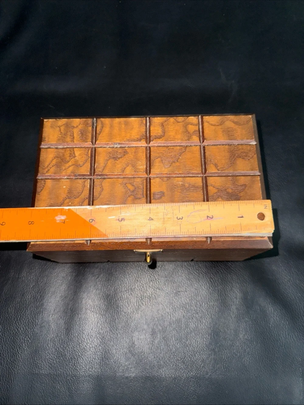 Vintage wood jewelry box with red velvet interior and mirror 5x8 inches MCM